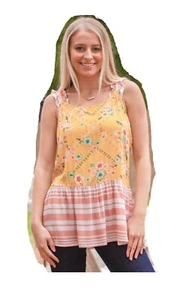 Womens Flower Stripes Tank Top Floral Babydoll Sleeveless Shirt Yellow Pink - Bild 1 von 5