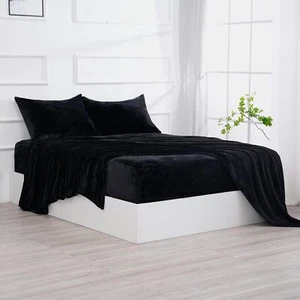New-Micro Fleece Bed Sheet Set Queen Size Black - Ultra-Soft Velvet Plush Queen - Picture 1 of 5
