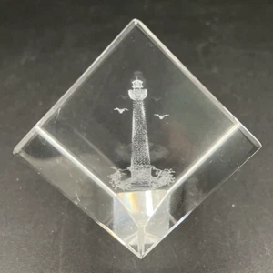 Laser Etched Lighthouse with Birds Paperweight Cube - Clear Decorative Square - Picture 1 of 9