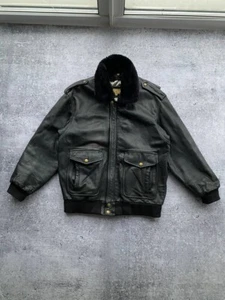 Vintage 90s Men's Redskins Black Stone Leather Pilot Jacket, Utility Military - Picture 1 of 19