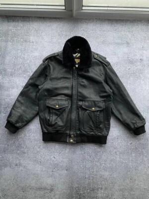 Vintage 90s Men's Redskins Black Stone Leather Pilot Jacket, Utility Military - Image 1 of 4