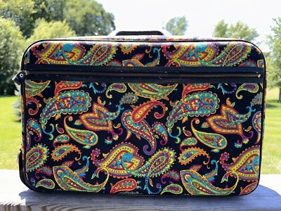 Vtg 60s Bantam Travelware Suitcase Luggage Paisley Mod Black Neon Canvas KEY   - Image 1 of 4