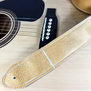 Gold Premium Leather Guitar Strap-Metallic Gold Leather Guitar Strap - - Picture 1 of 9