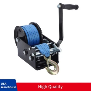 3200LBS 2 Gear Hand Winch Hand Crank Polyester Strap ATV Trailer Boat Heavy Duty - Picture 1 of 13
