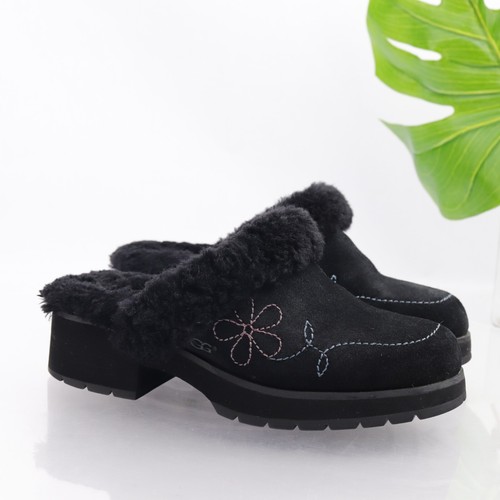 Scarpe sherpa da donna UGG Solvag mule taglia 8 shearling tacco a blocco fiori nero