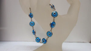 Vtg Sterling Silver 925 Turkey Blue Evil Eye Murano Art Glass 10mm Bead Bracelet - Picture 1 of 5