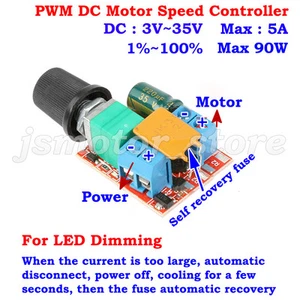DC 3V~35V 5V 6V 9V 12V 18V 24V 5A PWM DC Motor Speed Controller LED Fan Dimmer - Picture 1 of 6