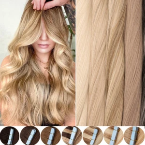 Invisible Tape In Hair Skin Weft Remy Human Hair Extensions Thick Full Head 200G - Picture 1 of 49