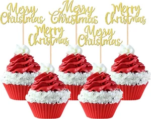 36 Pack Of Merry Christmas Cupcake Toppers Party Food Sticks Gold Glitter Design - Picture 1 of 2