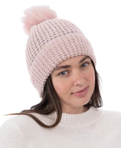Style & Co Faux-Fur Pom Pom Waffle-Knit Beanie Womens Blush Shimmer ONE SIZE - Picture 1 of 2