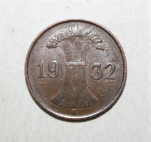 S1 - Germany 1 Reichspfennig 1932-A Almost Uncirculated Coin - Wheat Sheaf - Picture 1 of 2