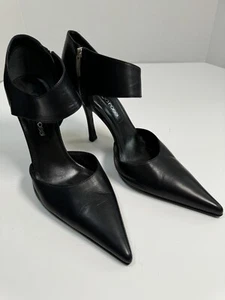 Sergio Rossi Black Pointy Toe Ankle Strap Leather Heels Pumps size 37 6.5 - Picture 1 of 20