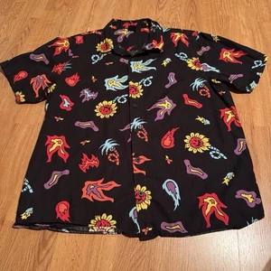 Neff Black Men's Flaming Daisy Fireball Shirt Size Large Short Sleeve Button Up - Picture 1 of 5