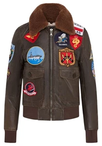 Women's Brown Top Gun Tom Cruise Sheepskin Collar A2 Bomber Leather Jacket - Picture 1 of 7