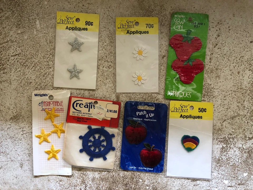 Vtg Embroidered Patch Mix Lot Stars Heart Flowers Strawberry Apples 7 Packages - Image 1 of 4