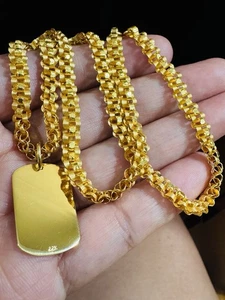 Solid 22K 916 Real Pure Gold 17”/17.5” Long Rectangle Set Necklace 23.4g 6mm - Picture 1 of 24