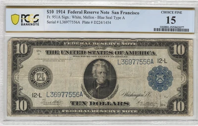 Fr.951 1914 San Francisco $10 Federal Reserve Note PCGS Choice Fine 15 - Image 1 of 2