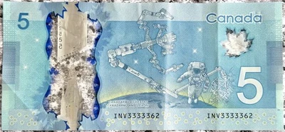 Canada $5 Dollar Banknote Five Of A Kind Fancy Serial Number INV3333362 Five 3s - Image 1 of 2