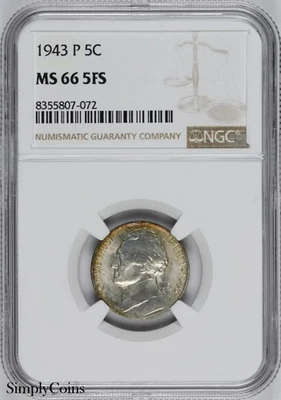 1943-P Jefferson Nickel NGC MS66 5FS FULL STEPS FS SILVER WAR - Image 1 of 4