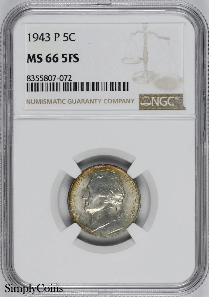 1943-P Jefferson Nickel NGC MS66 5FS FULL STEPS FS SILVER WAR - Image 1 of 4