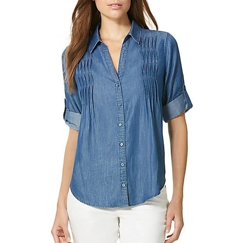 Blusa Gloria Vanderbilt Giselle Pintuck Manga Enrollable Isla Paraíso Azul LG Foto 1 de 1