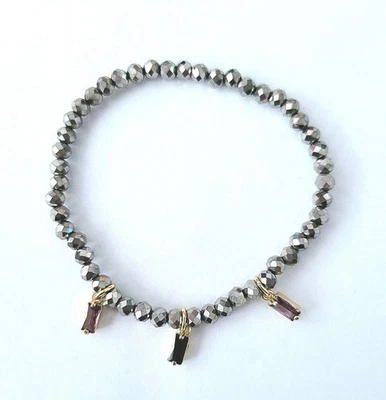 Sylvie's Handmade Kristall Armband grau metallic mit 3 Anhänger, 18 cm, Neu/H070 - Bild 1 von 3