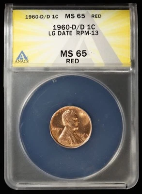 1960 D/D 1c Lincoln Memorial Cent ANACS MS 65 RED Lg Date RPM-13 BU Uncirculated - Image 1 of 4