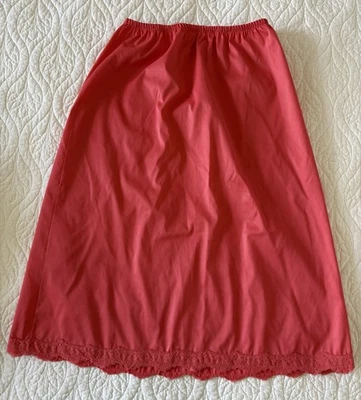 "Falda sin cordones vintage de algodón satén rosa coral dobladillo de encaje cintura XS 20-25""" Foto 1 de 2
