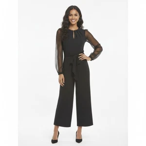 Adelyn Rae Jumpsuit schwarz Plissee Schlüsselloch weites Bein transparent Schweizer Punkte Ärmel L - Bild 1 von 16