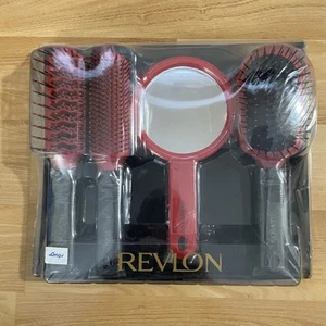Revlon anni 90 set regalo 5 pezzi spazzola capelli e specchio styling rosso/nero full size vintage - Foto 1 di 7