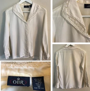 vtg 80s OBR Linen Blend Cottagecore Shirt XS Crochet Lace Button Up Made Korea - Picture 1 of 17