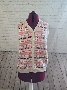 Vtg Northern Sz Lg Floral Fair Isle Sweater Vest Beaded CottageCore - Picture 1 of 9