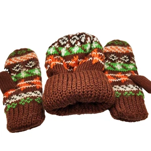 Winter Hat Mittens Set One size Brown Orange Green Sledding Skating Playground - Picture 1 of 2
