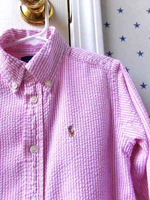 Camisa de Vestir Ralph Lauren Rosa Blanca Seersucker Abotonada Rayas 5 $55 De Colección Niños Foto 1 de 4