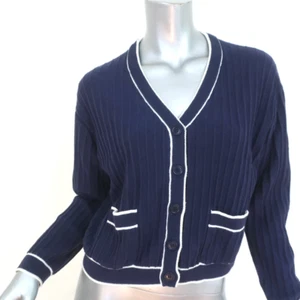 THE GREAT The Athletic Cardigan Navy Ribbed Knit Size 1 V-Neck Sweater - Picture 1 of 7