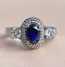 Vintage 925 Silver Sapphire Blue CZ Ring Rope Twist 3 Stone ADI Trilogy
