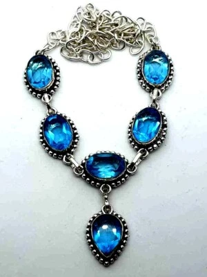 Blue Topaz Necklace Silver Plated Vintage Inspired Steam Punk Retro Classic  - Image 1 of 2