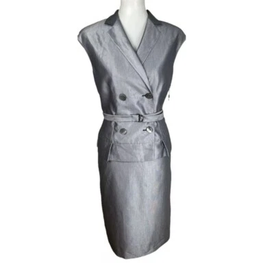 Traje Falda Calvin Klein Mezcla Poliéster 10 Plateado Doble Pecho Cinturón 2 Piezas Nuevo Foto 1 de 4