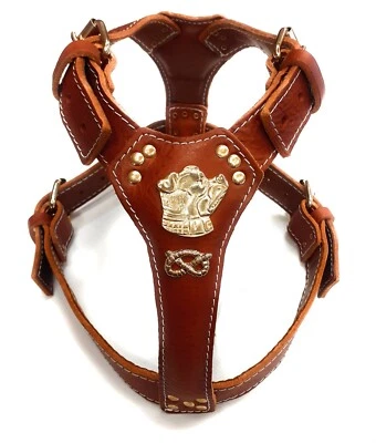 M&D LEATHER Tan Brown Leather Dog Harness with Staffordshire Bullterrier Head Motif & Knot
