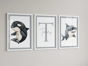 Impresiones personalizadas de dormitorio de animales tiburones (juego de 3) imágenes estampado de bebé - Imagen 1 de 1