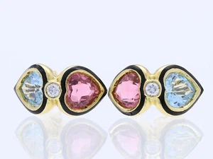 Pendientes corazón vintage brillantes turmalina aguamarina 585 oro 14 quilates detalle - Imagen 1 de 7