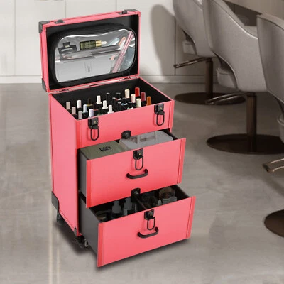 Large Rolling Makeup Train Case Aluminum Cosmetic Case Trolley with Drawer Lock - Image 1 of 4
