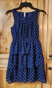 Cherokee Navy Polka Dots Georgette Tiered Ruffle Sun Dress Size Large 10/12 - Picture 1 of 5
