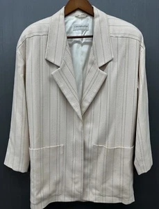 Vtg 80s 90s Blazer Women 8 Pink Taupe Striped Wool Long Line Jacket Preppy - Picture 1 of 12
