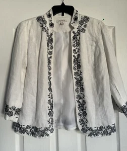 JM Collection White Linen Jacket Size 8 Embroidered 3/4 Sleeves Open Front - Picture 1 of 8