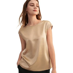 LilySilk Silk Basic Cap Sleeves Silk Bronze Tee Elegant Casual Party L NWT $89 - Picture 1 of 10