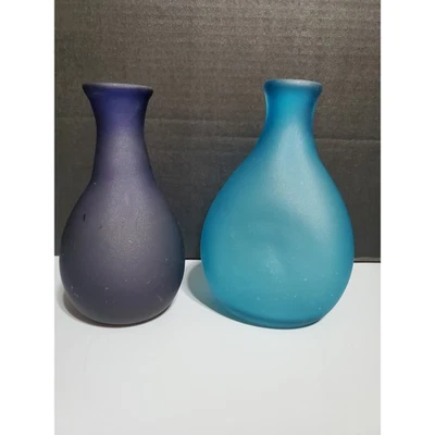 Frosted Blown Colbalt and Aqua Glass Vases Contemporary Beach Accent Decor - Image 1 of 4