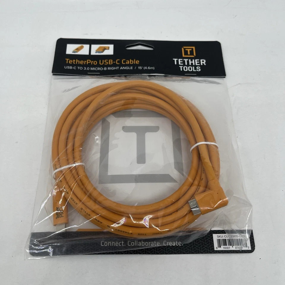 Tether Tools TetherPro USB-C to 3.0 Micro-B Right Angle Cable, 15', Orange - Image 1 of 3