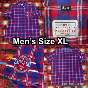 Chicago Cubs Button Up Plaid Short Sleeve Shirt Mens XL Red Blue Cubbies Klew - Picture 1 of 10