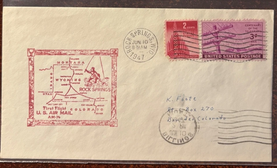 First Flight AM-74, Rock Springs, WY cancelar, 6/10/1947 Foto 1 de 1